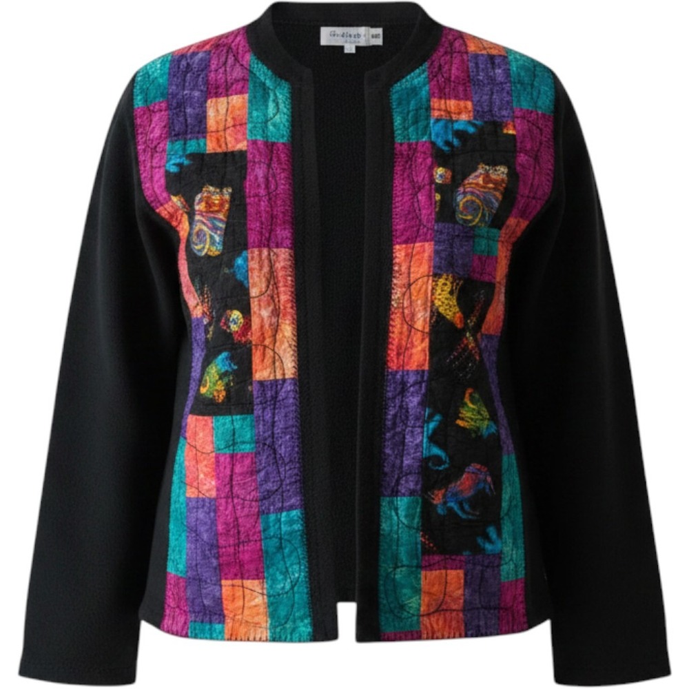 Vintage 80s Quilted Sweatshirt Jacket Laurel Burch Patchwork Fabric Handmade Art